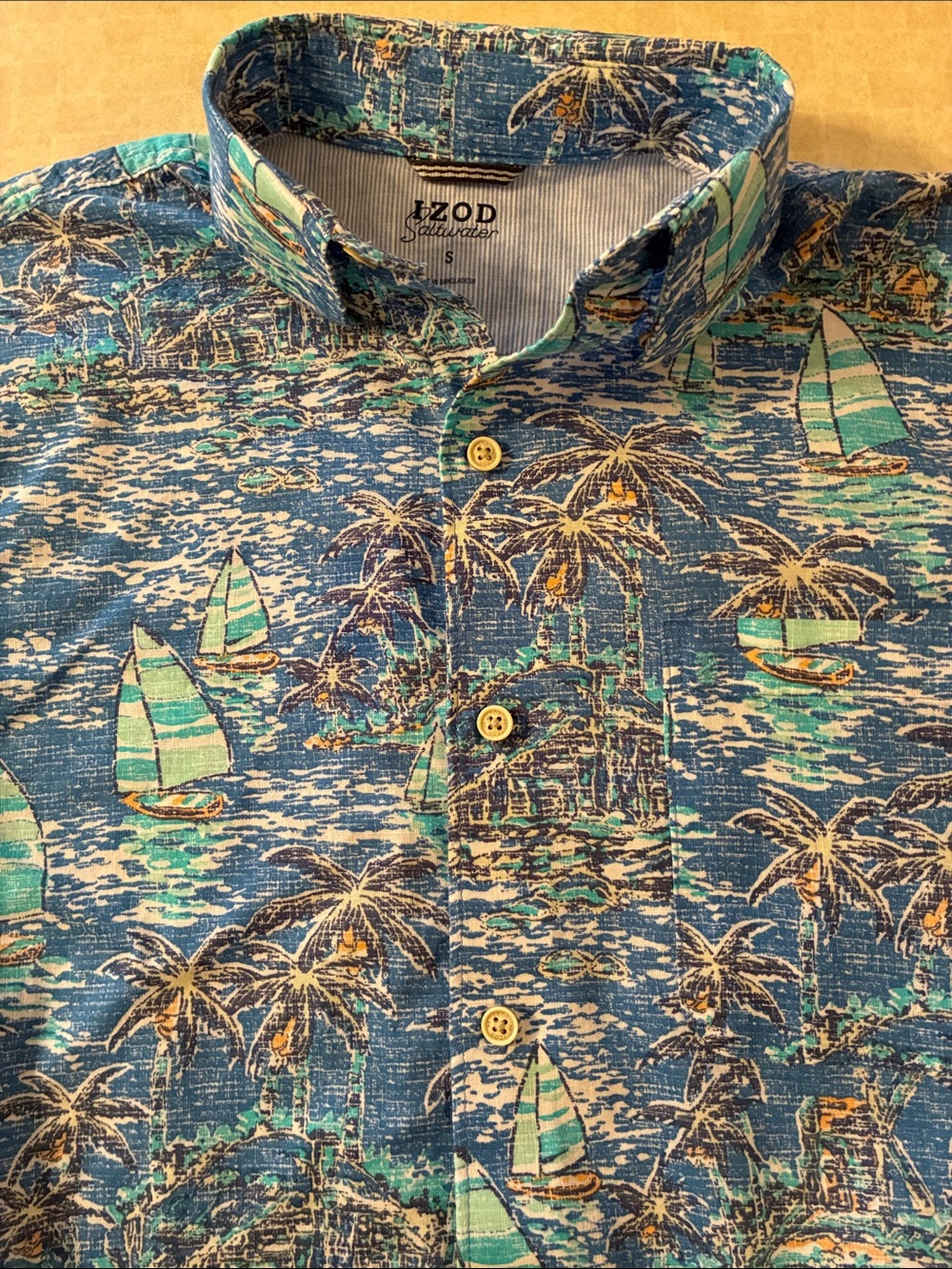 Izod Saltwater - Cotton Blue & Aqua Sailboat Print Short Button-Down Shirt S